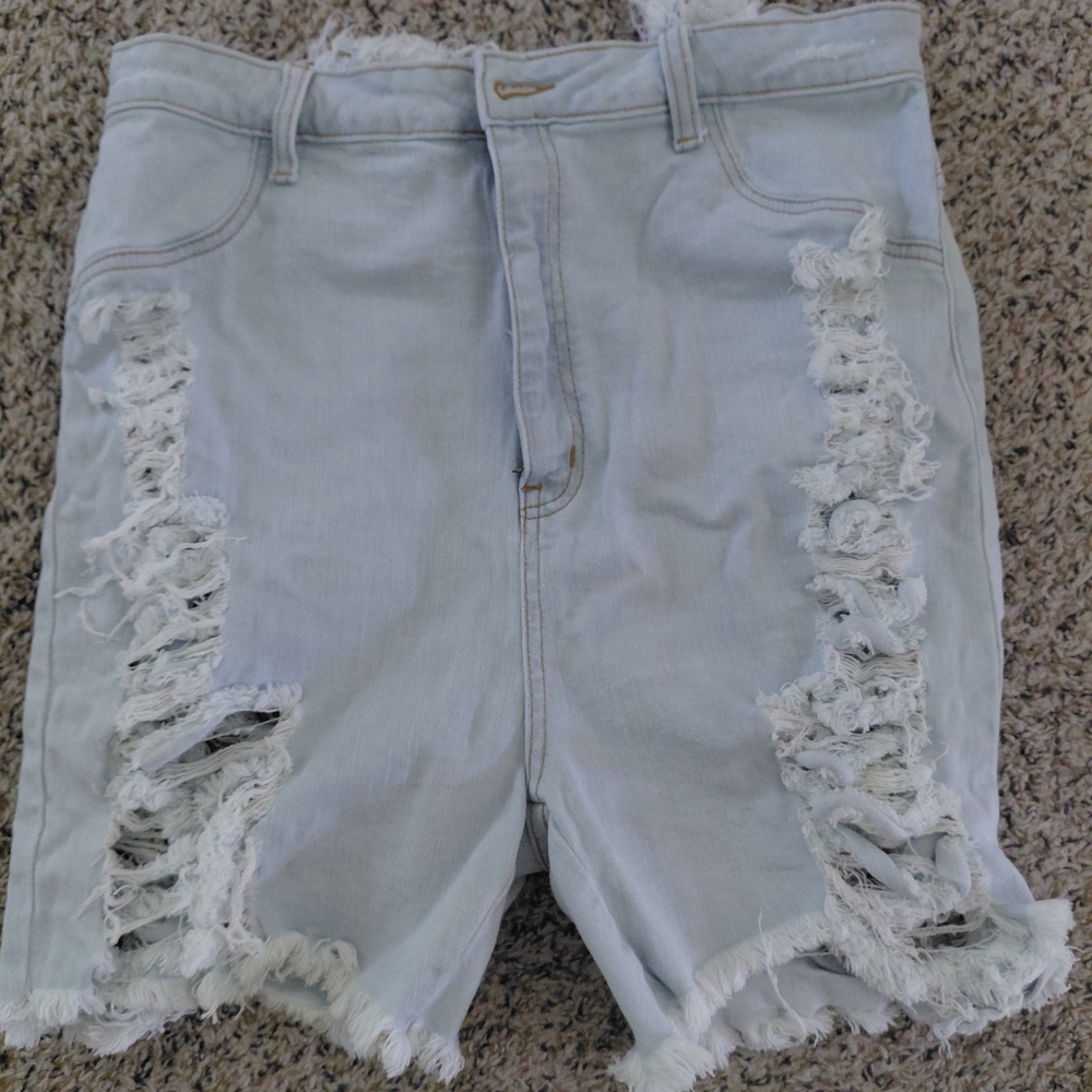 Distressed Light Blue Denim Shorts